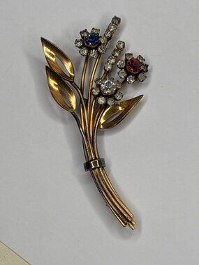 Antique Edwardian Style Rhinestone Floral Spray Brooch Trombone Clasp Signed